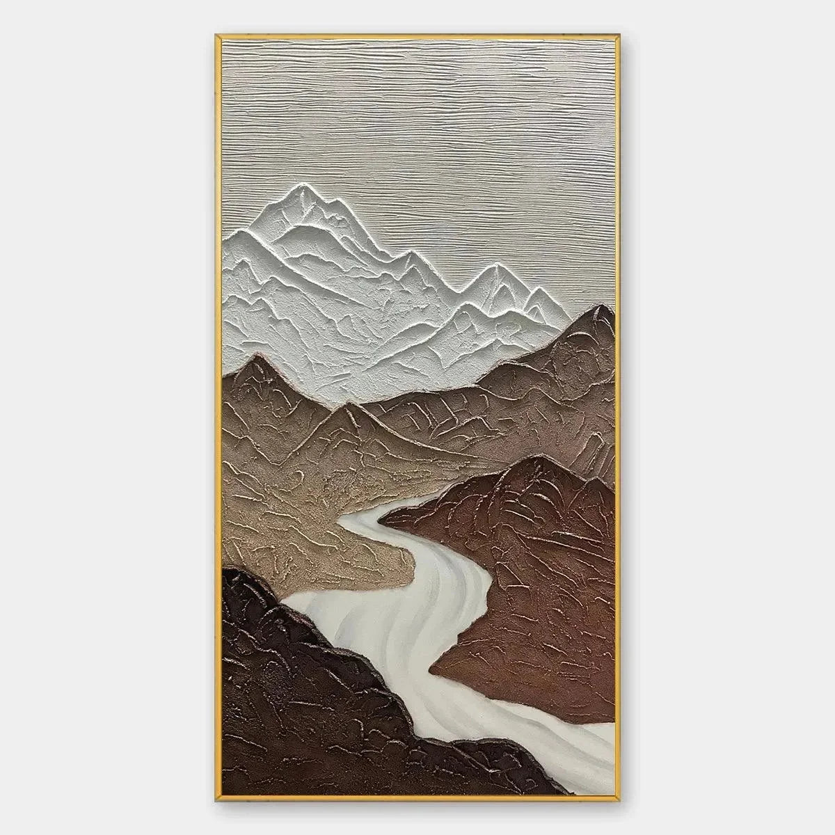 EARTH RIVER: Textured Brown and White Mountain River Landscape Painting | hanging in EARTH RIVER: Textured Brown and White Mountain River Landscape Painting featuring layered textured brushwork in ...