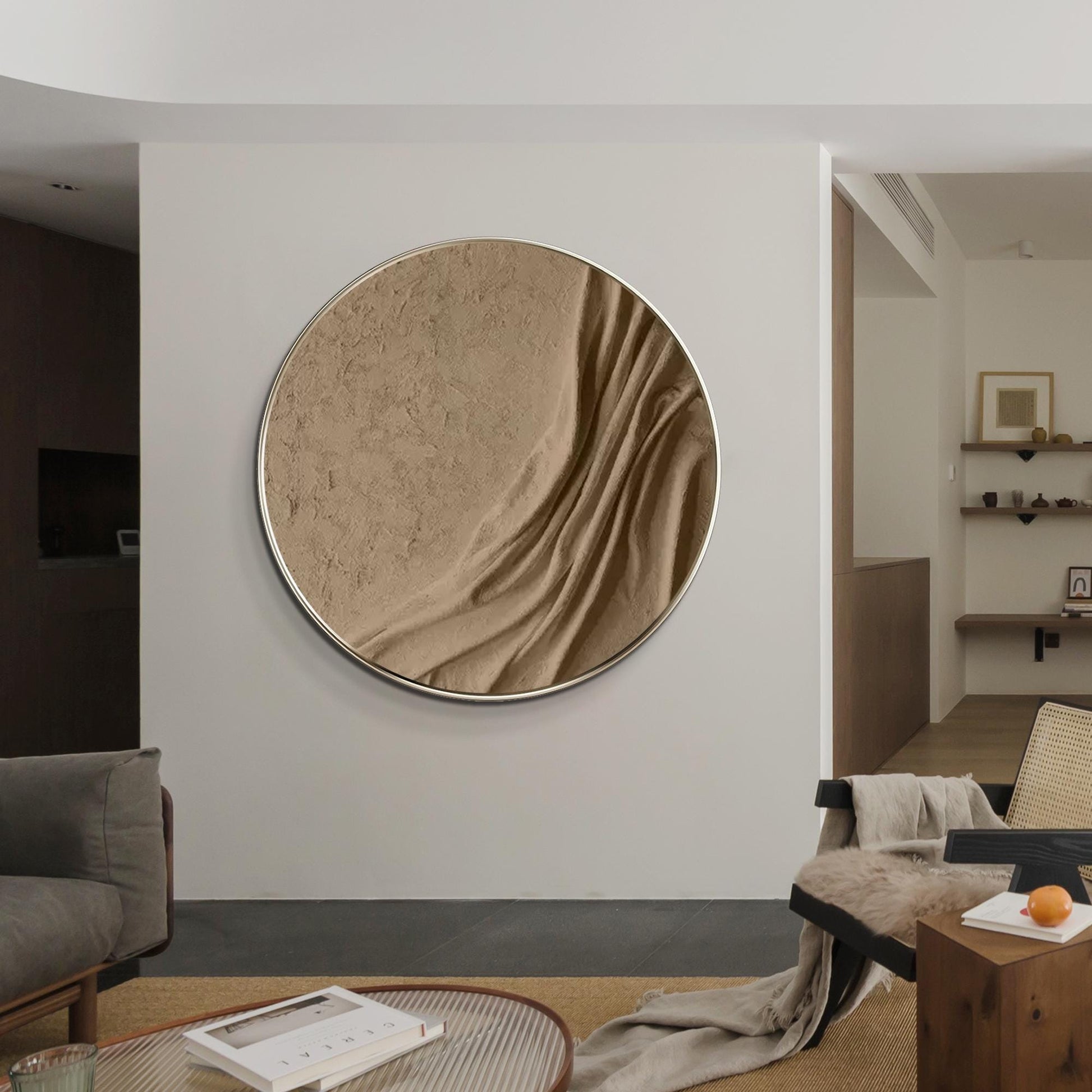Earth Tone 3D-textuur kunst aan de muur, rond ingelijst abstract canvas schilder #16