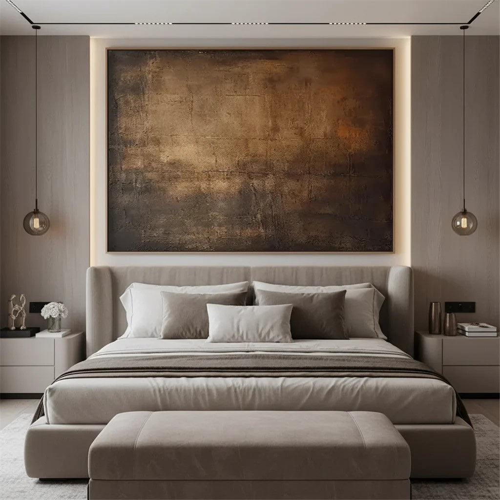Close view of Earth Tone Abstract Canvas Art Minimalist Brown Wall Decor showing raised texture, layered brushwork, and tactile canvas detail for neutral home decor.