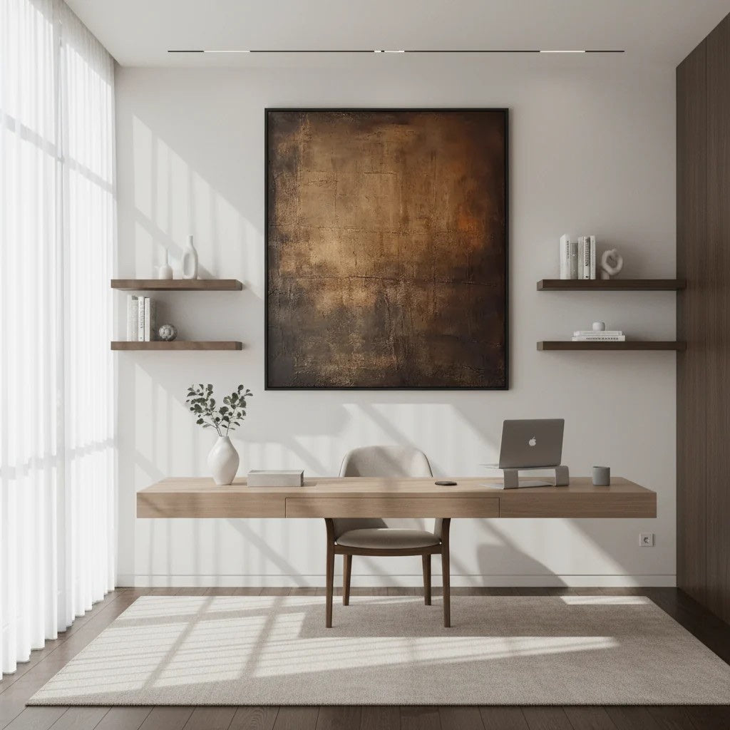 Earth Tone Abstract Canvas Art Minimalist Brown Wall Decor styled in a refined neutral room setting to show wall scale, calm proportion, and interior decor mood.