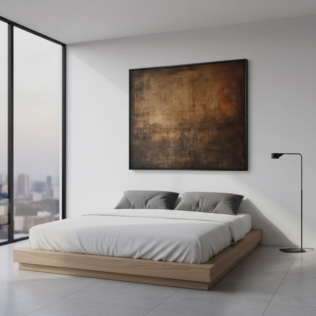 Earth Tone Abstract Canvas Art Minimalist Brown Wall Decor styled in a refined neutral room setting to show wall scale, calm proportion, and interior decor mood.