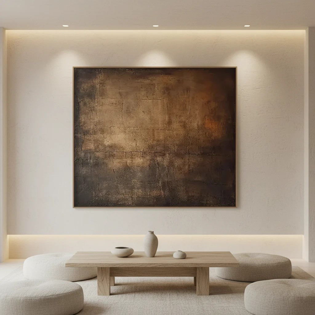 Earth Tone Abstract Canvas Art Minimalist Brown Wall Decor styled in a refined neutral room setting to show wall scale, calm proportion, and interior decor mood.