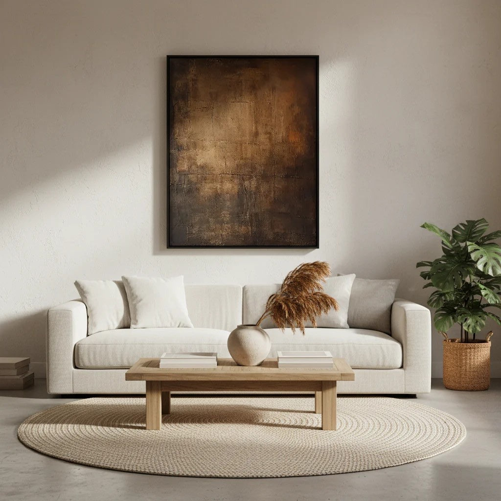 Earth Tone Abstract Canvas Art Minimalist Brown Wall Decor styled in a refined neutral room setting to show wall scale, calm proportion, and interior decor mood.