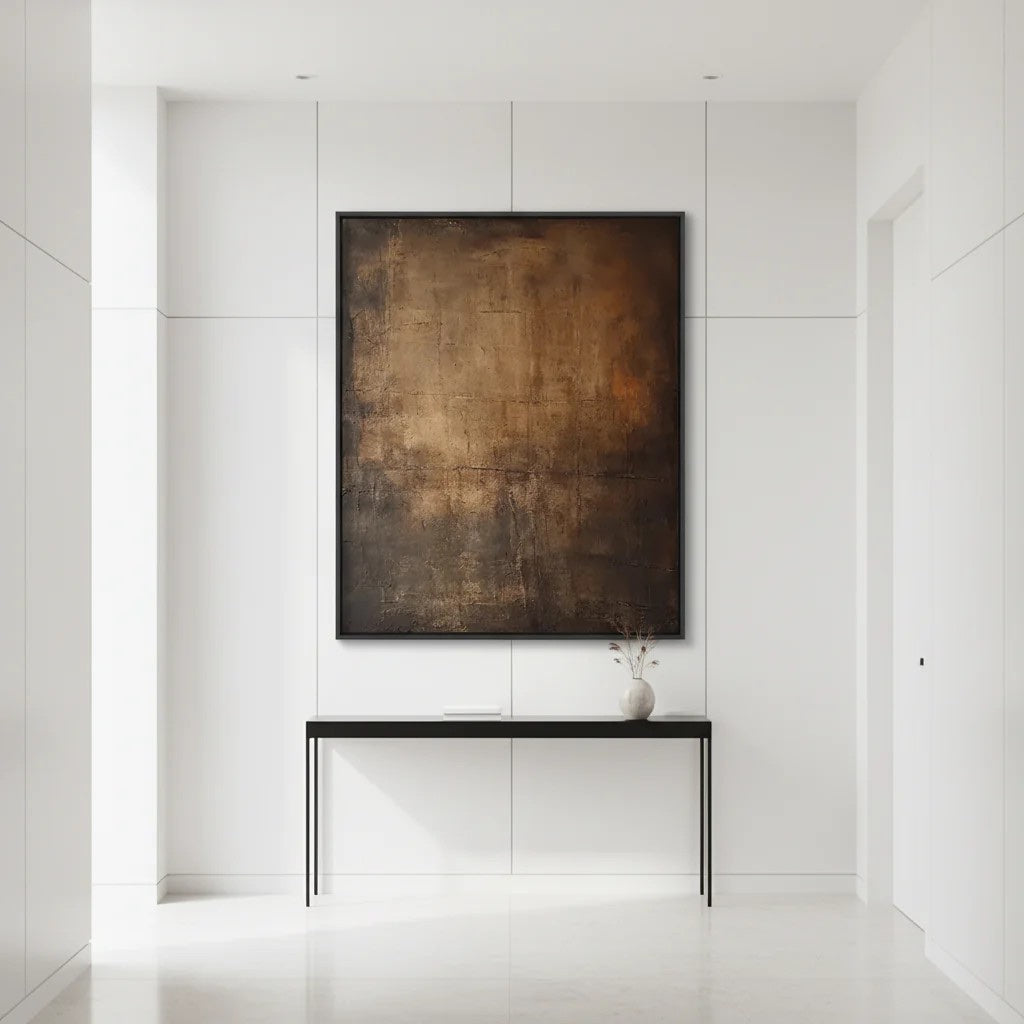 Earth Tone Abstract Canvas Art Minimalist Brown Wall Decor styled in a refined neutral room setting to show wall scale, calm proportion, and interior decor mood.
