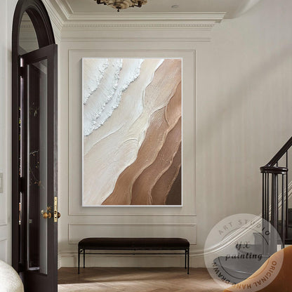 Earth Tone Minimalist Canvas Painting, 3D Textured Ocean Wave Wall Art, Brown Ho #2