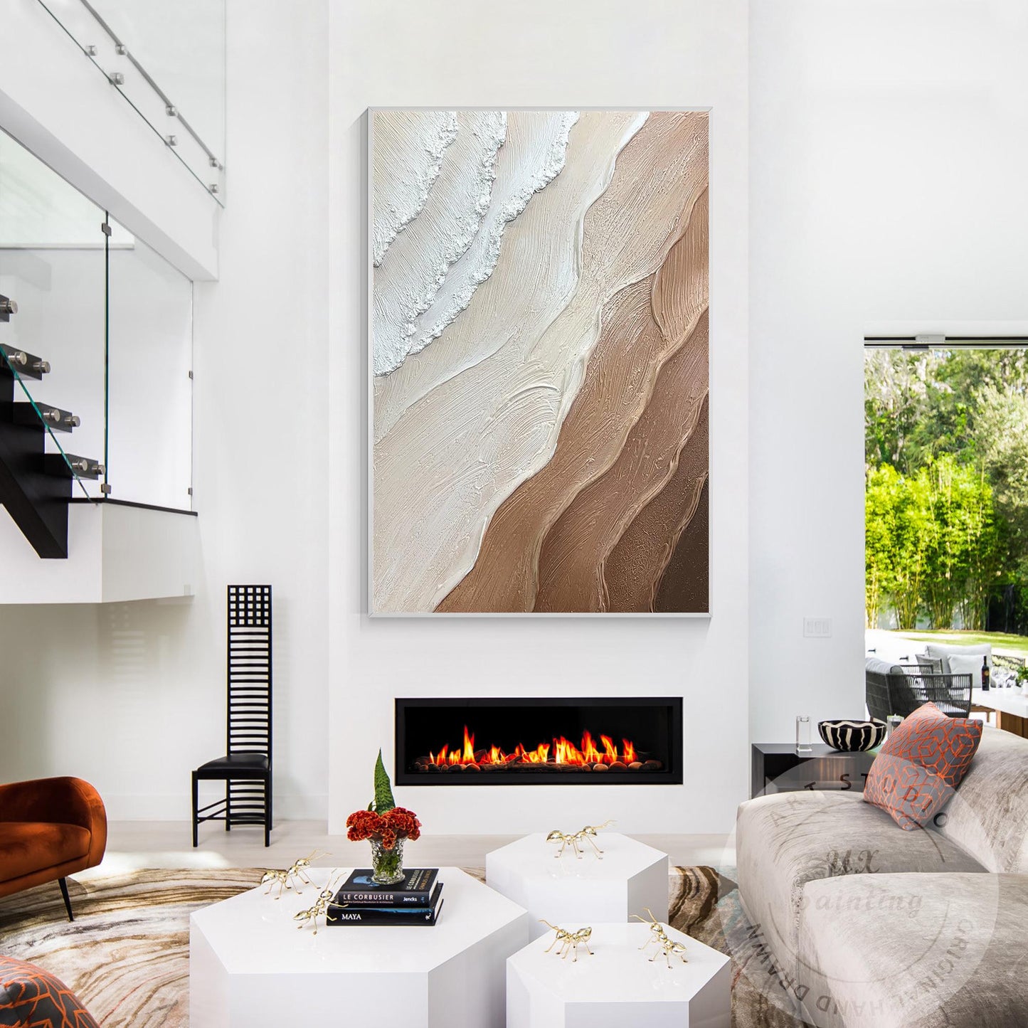 Earth Tone Minimalist Canvas Painting, 3D Textured Ocean Wave Wall Art, Brown Ho #3