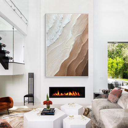Earth Tone Minimalist Canvas Painting, 3D Textured Ocean Wave Wall Art, Brown Ho #3
