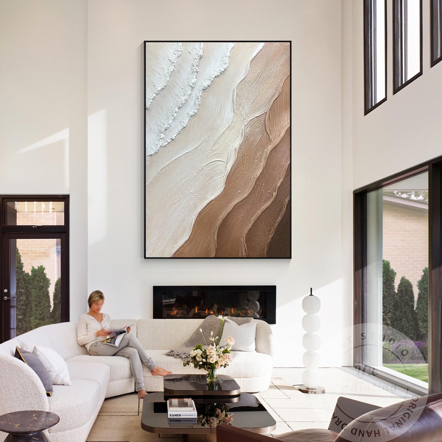 Earth Tone Minimalist Canvas Painting, 3D Textured Ocean Wave Wall Art, Brown Ho #4