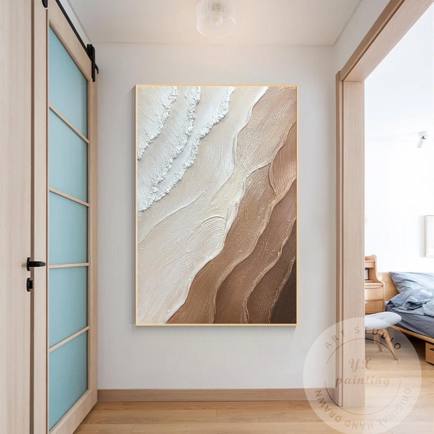 Earth Tone Minimalist Canvas Painting, 3D Textured Ocean Wave Wall Art, Brown Ho #5