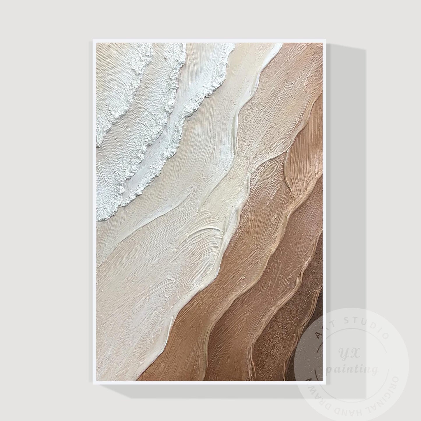 Earth Tone Minimalist Canvas Painting, 3D Textured Ocean Wave Wall Art, Brown Ho #6