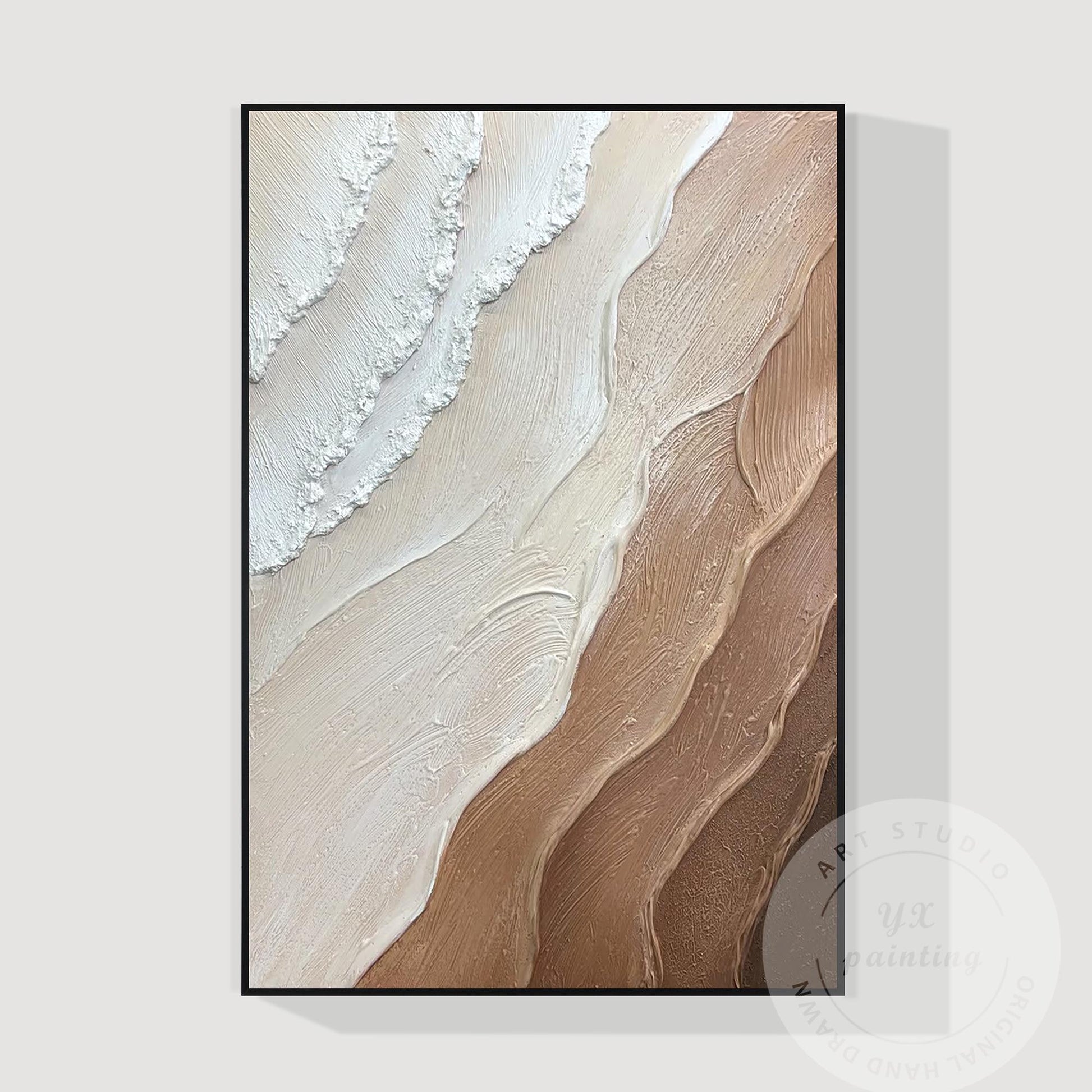 Earth Tone Minimalist Canvas Painting, 3D Textured Ocean Wave Wall Art, Brown Ho #7