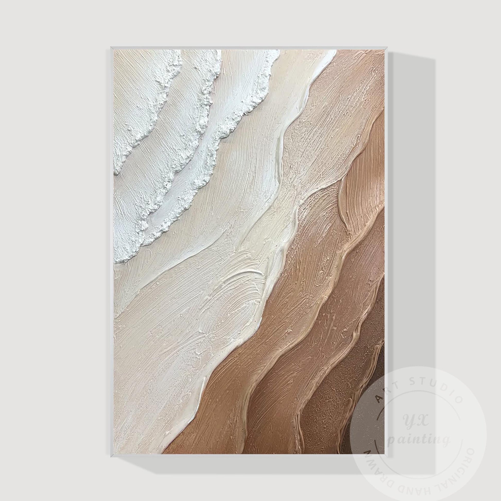 Earth Tone Minimalist Canvas Painting, 3D Textured Ocean Wave Wall Art, Brown Ho #10