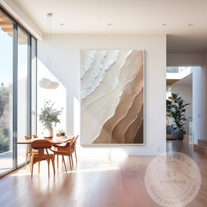 Earth Tone Minimalist Canvas Painting, 3D Textured Ocean Wave Wall Art, Brown Ho #1