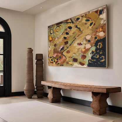 EARTH TONES: Abstract Organic Textured Oil Painting | gold frame stretched on neutral wall