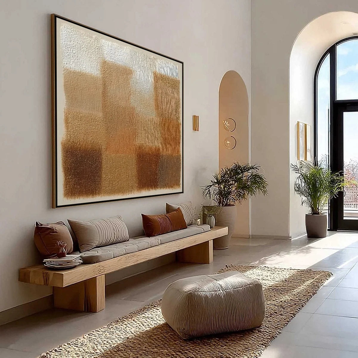 TERRA FIRMA: Textured Minimalist Abstract Painting in Earth Tones | gold frame stretched on neutral wall