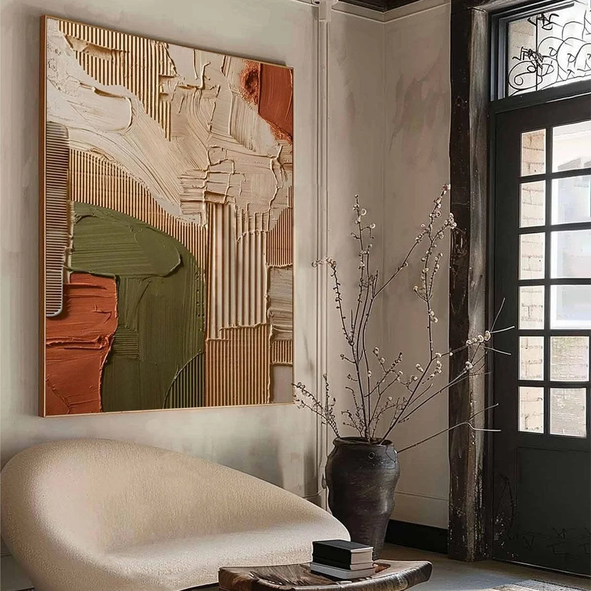 EARTHBOUND HARMONY: Textured Palette Knife Abstract Painting | gold frame stretched on neutral wall