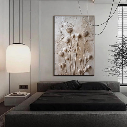 EARTHEN BLOOMS: Textured Wabi-Sabi Floral Impasto Painting | gold frame stretched on neutral wall