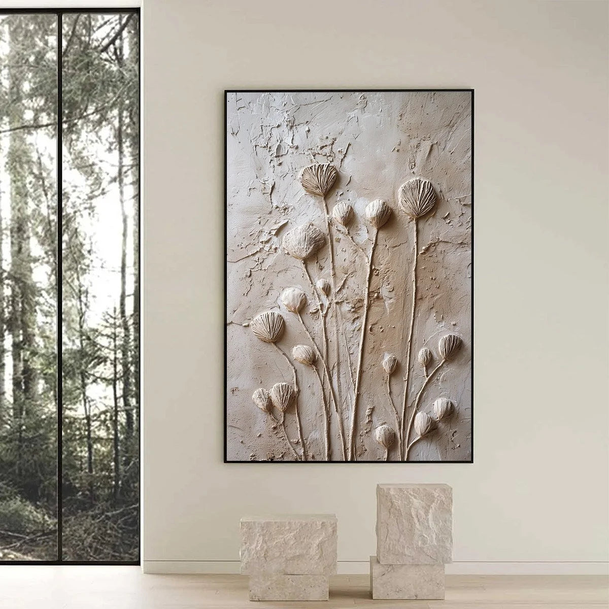 EARTHEN BLOOMS: Textured Wabi-Sabi Floral Impasto Painting | black frame version on white wall