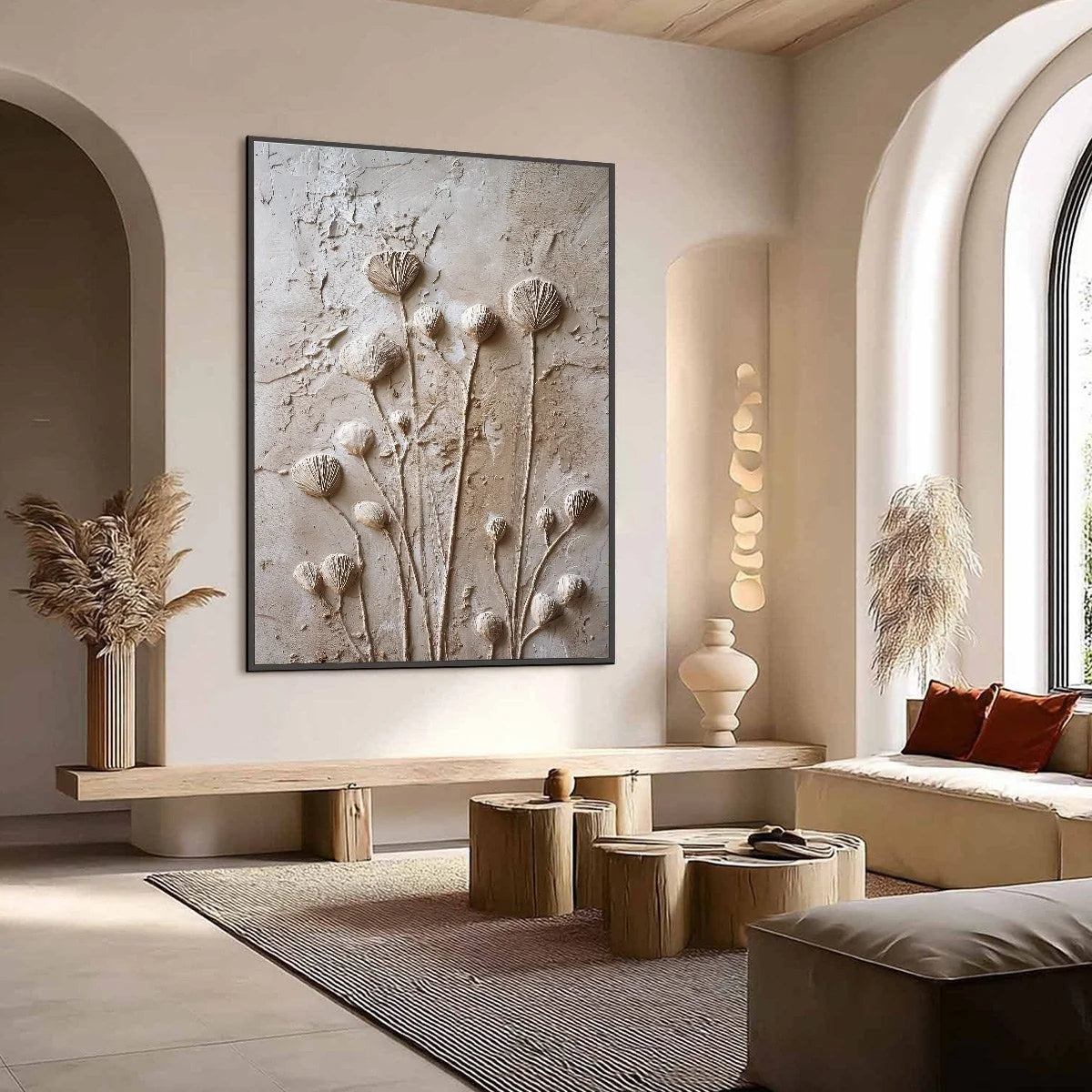 EARTHEN BLOOMS: Textured Wabi-Sabi Floral Impasto Painting | Abstract mood, soft natural light studio shot