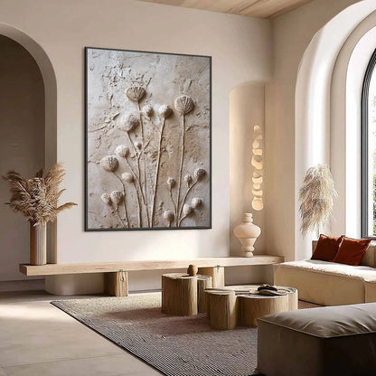 EARTHEN BLOOMS: Textured Wabi-Sabi Floral Impasto Painting | Abstract mood, soft natural light studio shot