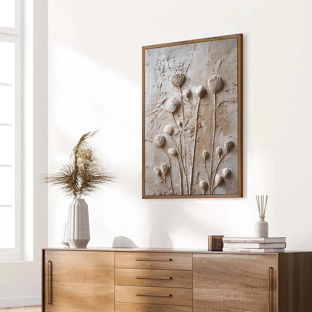 EARTHEN BLOOMS: Textured Wabi-Sabi Floral Impasto Painting | beige palette, original Hand-painted on premium stretched canvas using artist-grade oils; rich layered surface combines smooth gradients...