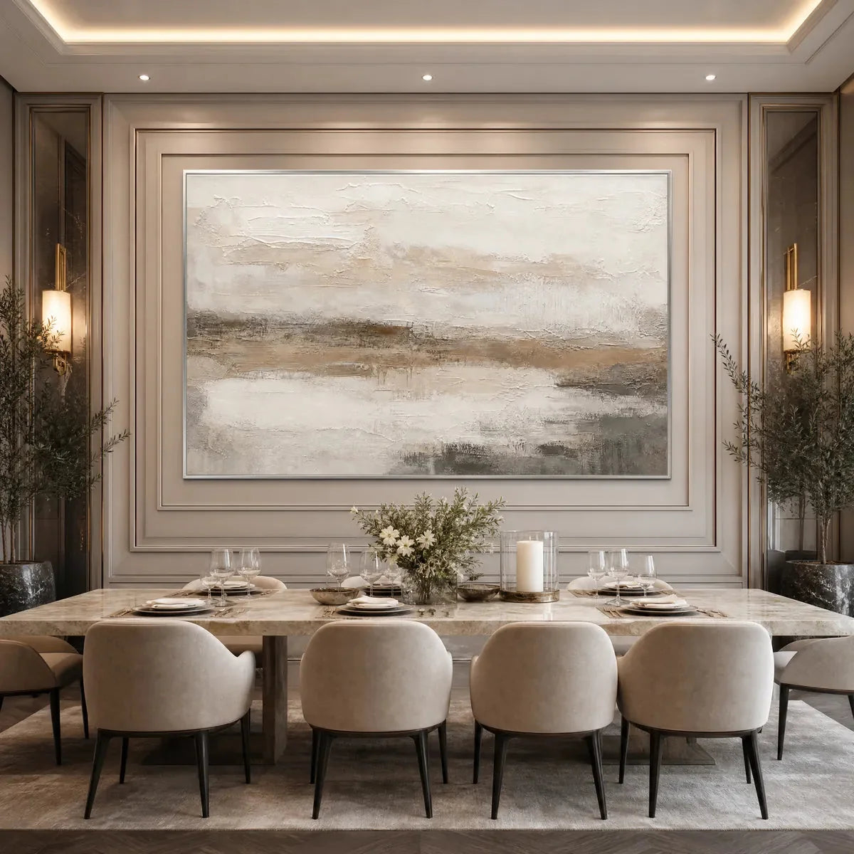 EARTHEN CALM: Textured Wabi Sabi Abstract Landscape Painting | gold frame stretched on neutral wall