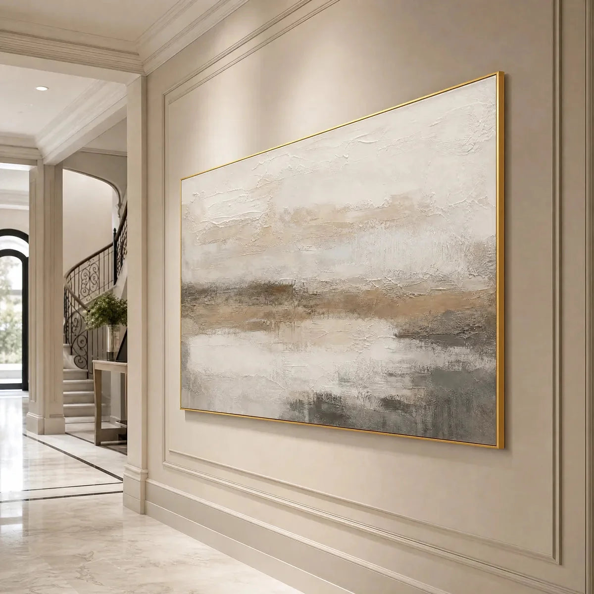 EARTHEN CALM: Textured Wabi Sabi Abstract Landscape Painting | black frame version on white wall