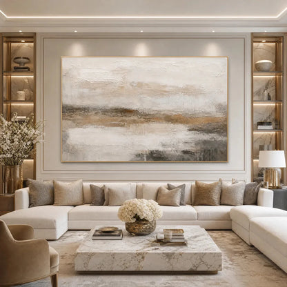 EARTHEN CALM: Textured Wabi Sabi Abstract Landscape Painting | Abstract mood, soft natural light studio shot
