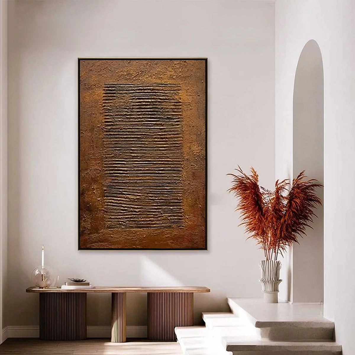 EARTHEN CODEX: Large Textured Brown Wabi Sabi Abstract Art | gold frame stretched on neutral wall