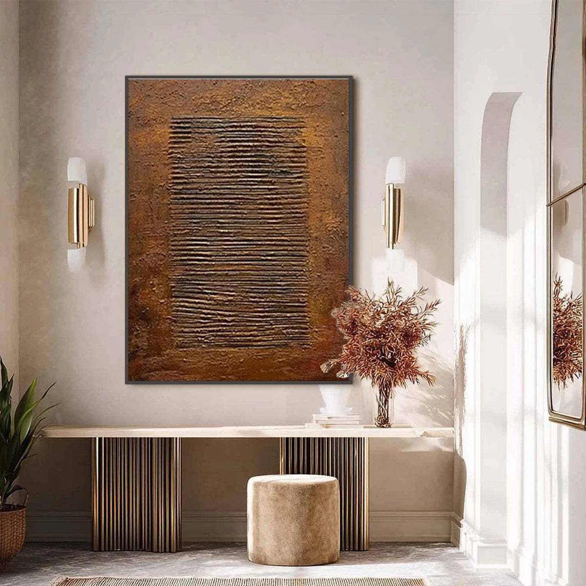 EARTHEN CODEX: Large Textured Brown Wabi Sabi Abstract Art | black frame version on white wall