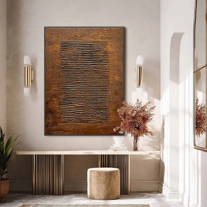 EARTHEN CODEX: Large Textured Brown Wabi Sabi Abstract Art | black frame version on white wall
