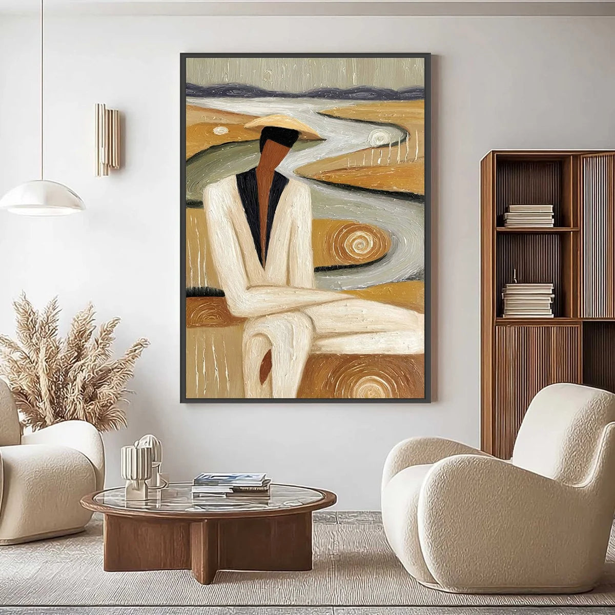 EARTHEN CONTEMPLATION: Textured Figurative Art of a Man in a Serene Landscape | Landscape closeup, raised brushwork detail