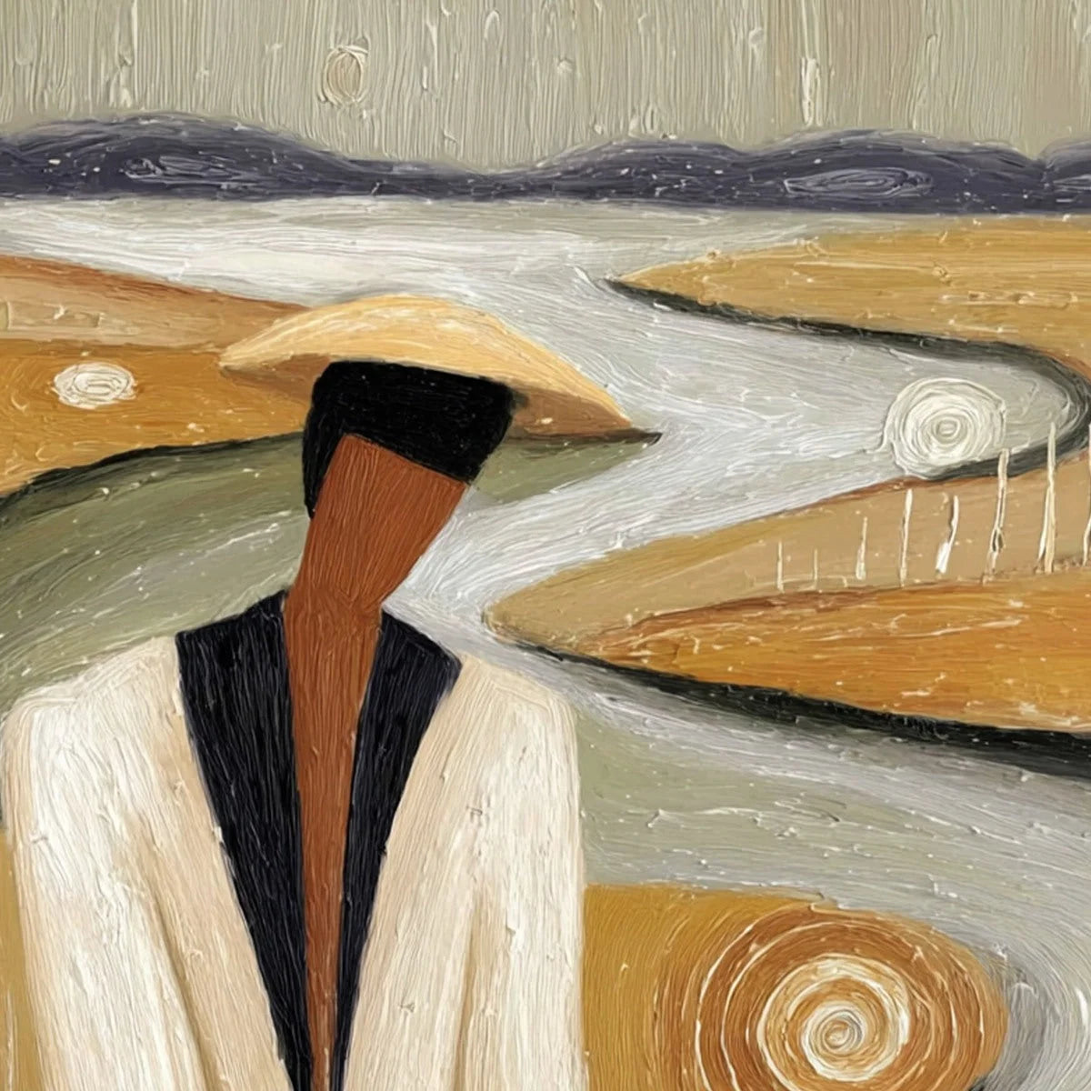 EARTHEN CONTEMPLATION: Textured Figurative Art of a Man in a Serene Landscape | rectangular format, hand-painted canvas edge