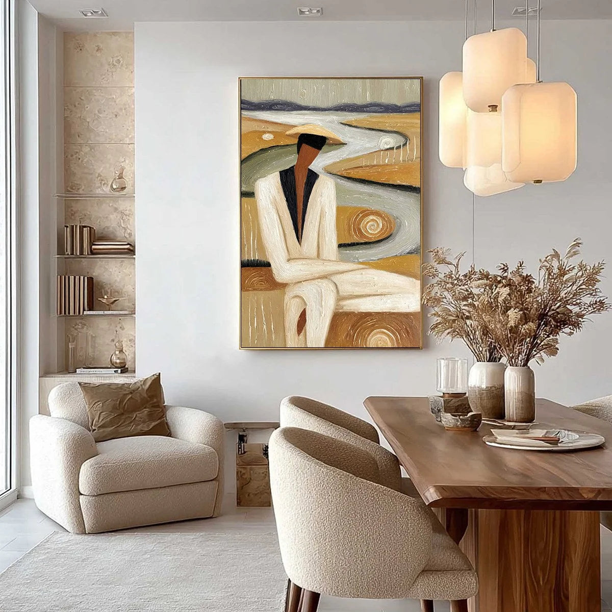 EARTHEN CONTEMPLATION: Textured Figurative Art of a Man in a Serene Landscape | gold frame stretched on neutral wall