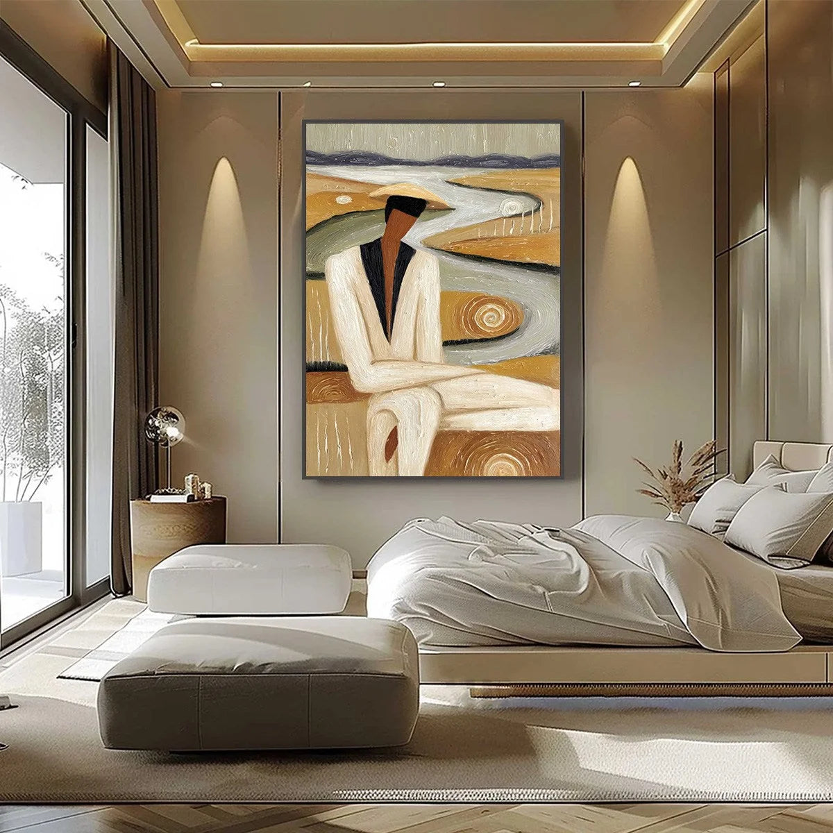 EARTHEN CONTEMPLATION: Textured Figurative Art of a Man in a Serene Landscape | black frame version on white wall