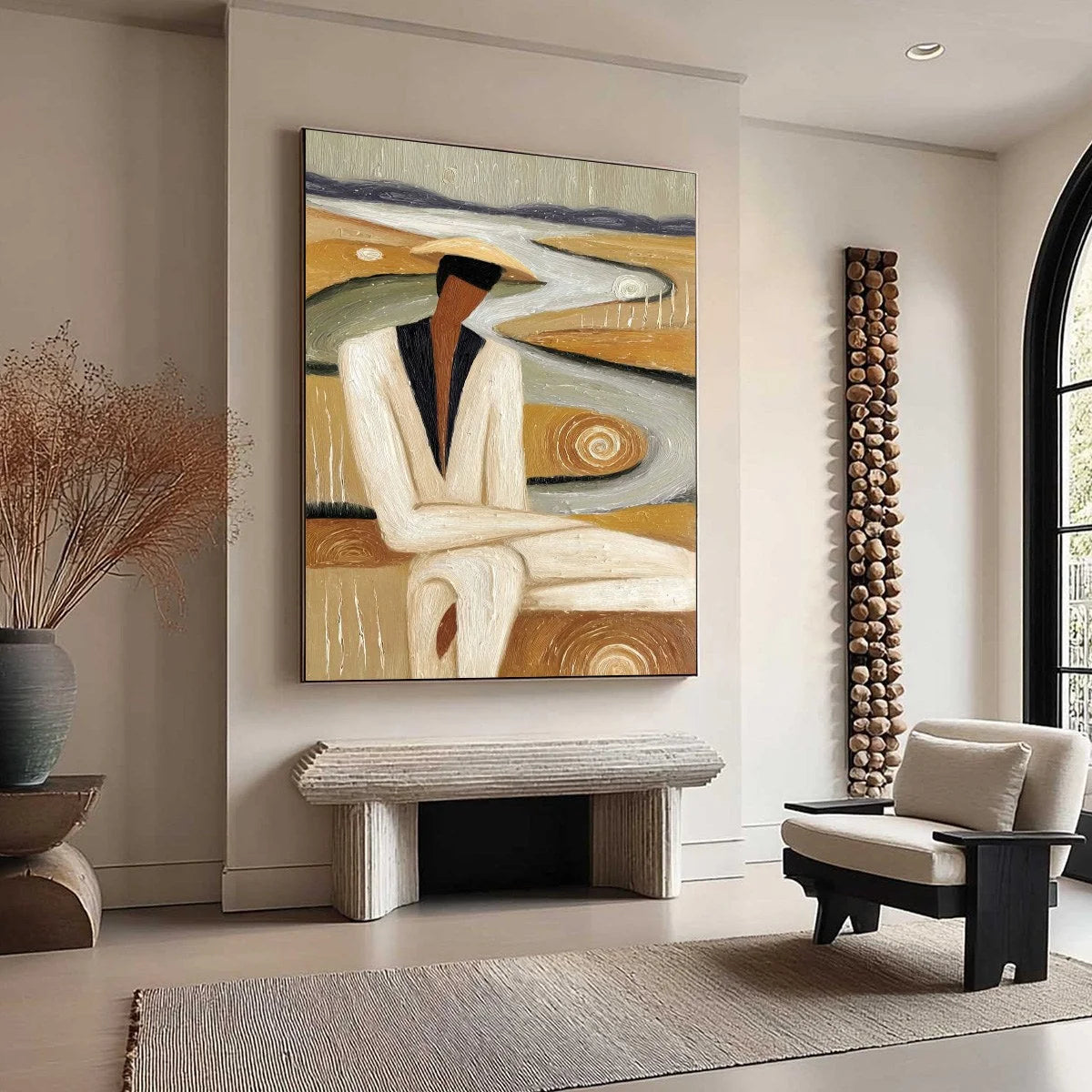EARTHEN CONTEMPLATION: Textured Figurative Art of a Man in a Serene Landscape | beige palette, original Hand-painted on premium stretched canvas using artist-grade oils; rich layered surface combin...