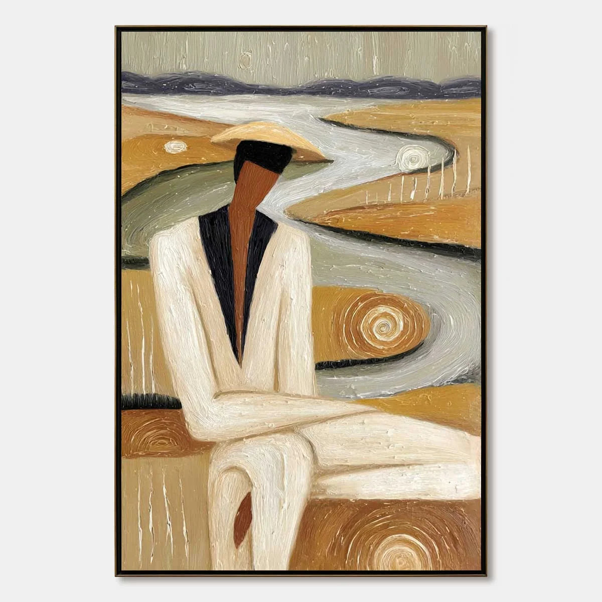EARTHEN CONTEMPLATION: Textured Figurative Art of a Man in a Serene Landscape | hanging in EARTHEN CONTEMPLATION: Textured Figurative Art of a Man in a Serene Landscape featuring layered textured b...