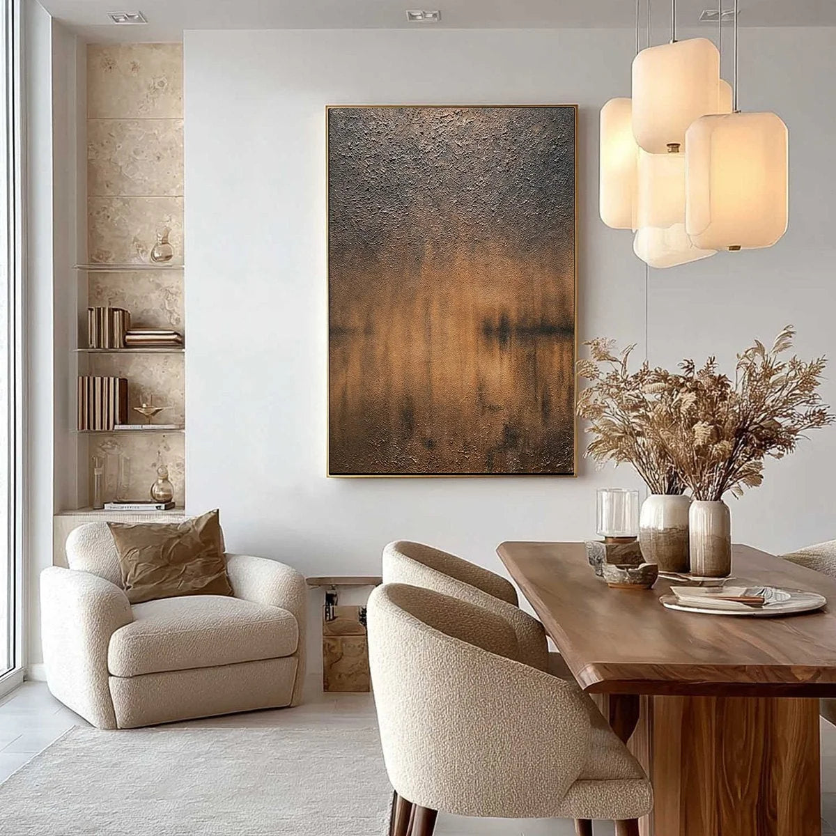 EARTHEN ECHO: Heavily Textured Wabi Sabi Abstract Painting | gold frame stretched on neutral wall