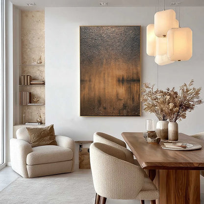 EARTHEN ECHO: Heavily Textured Wabi Sabi Abstract Painting | gold frame stretched on neutral wall