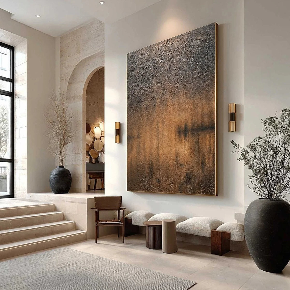 EARTHEN ECHO: Heavily Textured Wabi Sabi Abstract Painting | Abstract mood, soft natural light studio shot