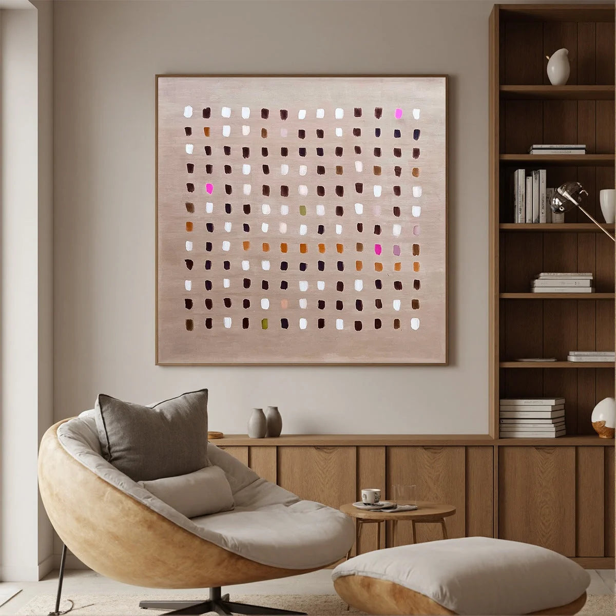 EARTHEN ECHOES: Minimalist Abstract Grid Oil Painting | gold frame stretched on neutral wall