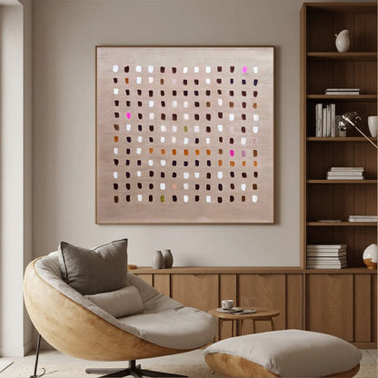 EARTHEN ECHOES: Minimalist Abstract Grid Oil Painting | gold frame stretched on neutral wall