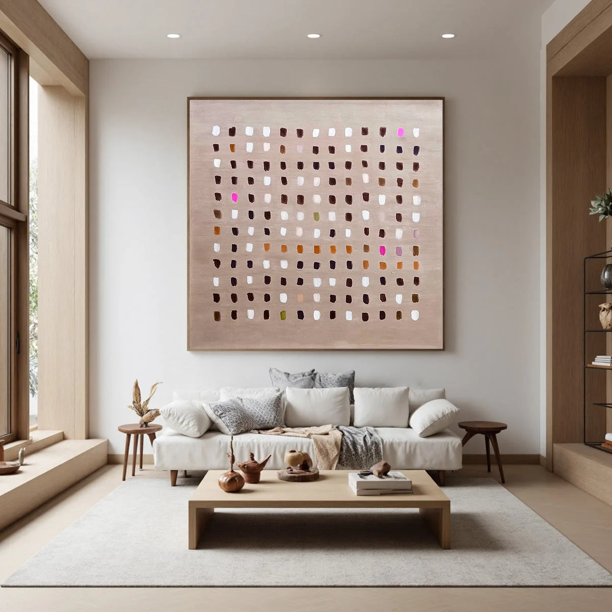 EARTHEN ECHOES: Minimalist Abstract Grid Oil Painting | Minimalist mood, soft natural light studio shot