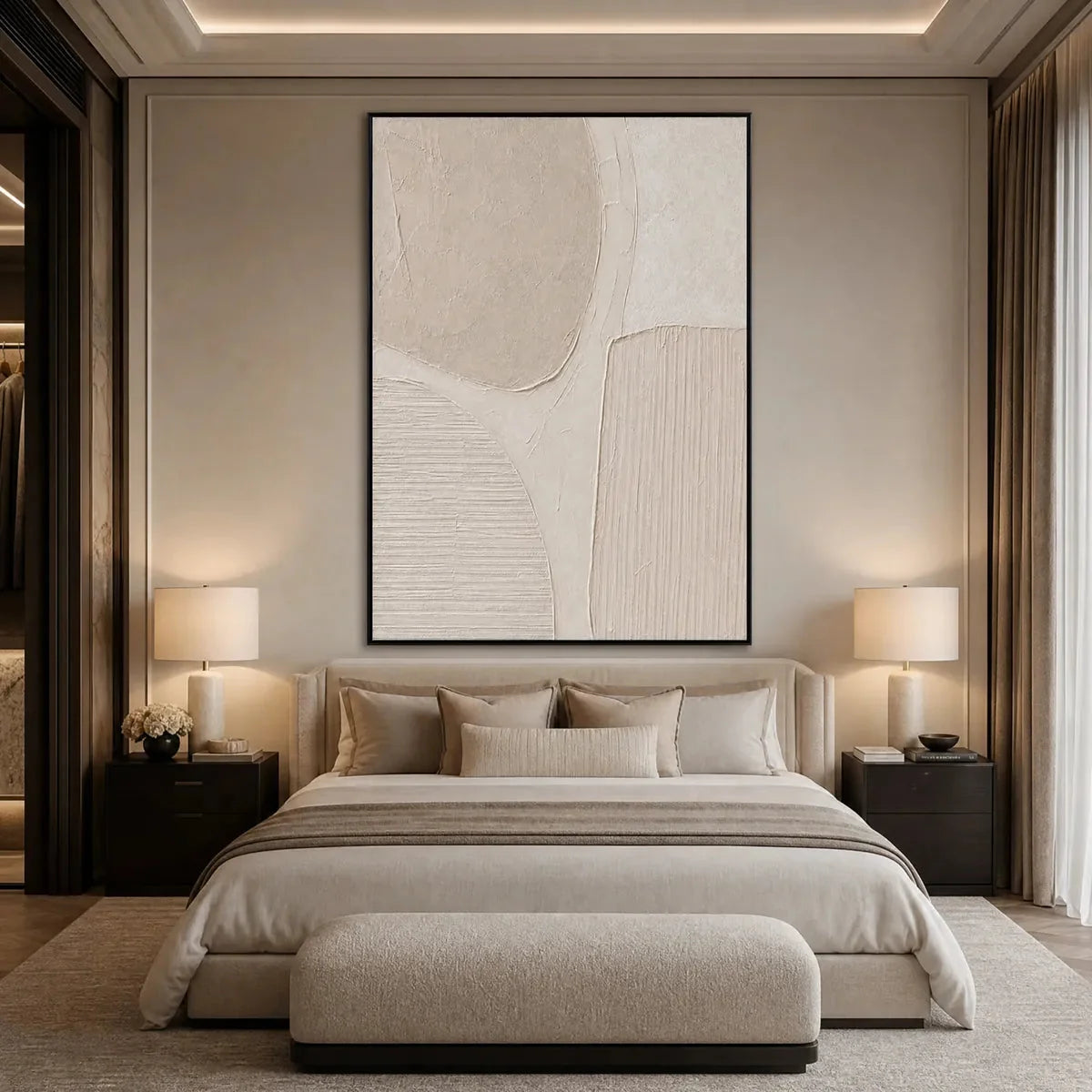 EARTHEN FORMS: Large Textured Wabi-Sabi Abstract Painting | gold frame stretched on neutral wall