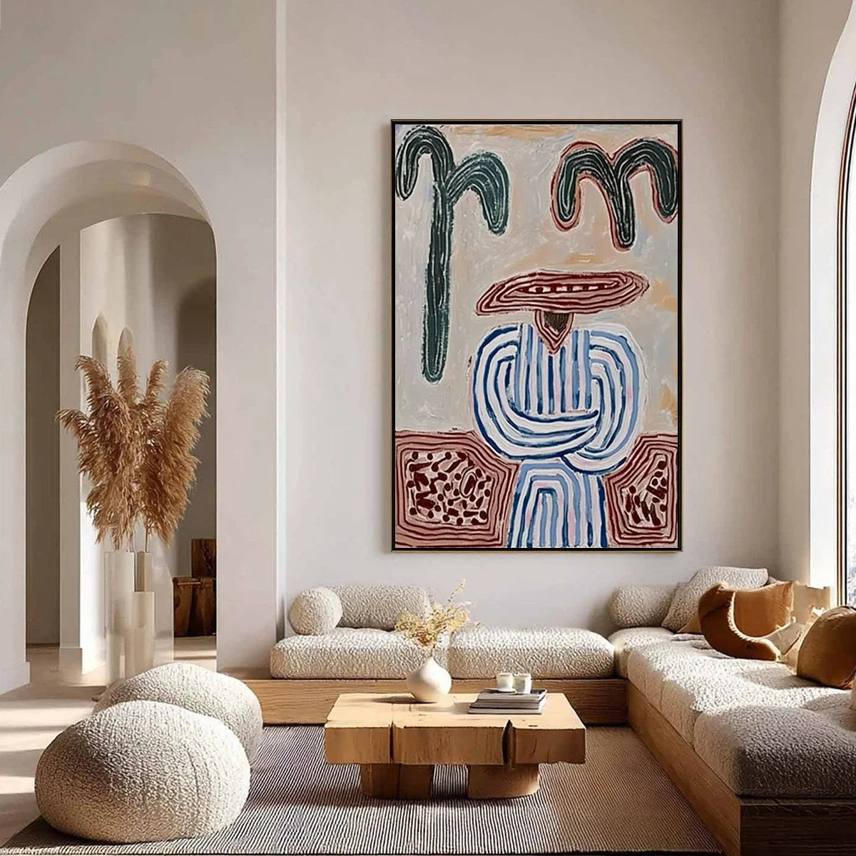 EARTHEN GUARDIAN: Wabi Sabi Abstract Figurative Wall Art | gold frame stretched on neutral wall