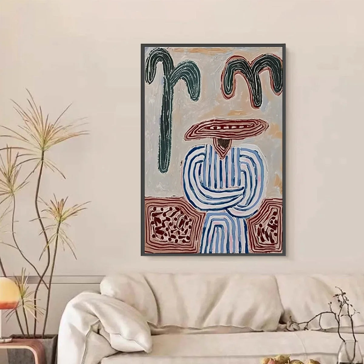 EARTHEN GUARDIAN: Wabi Sabi Abstract Figurative Wall Art | black frame version on white wall