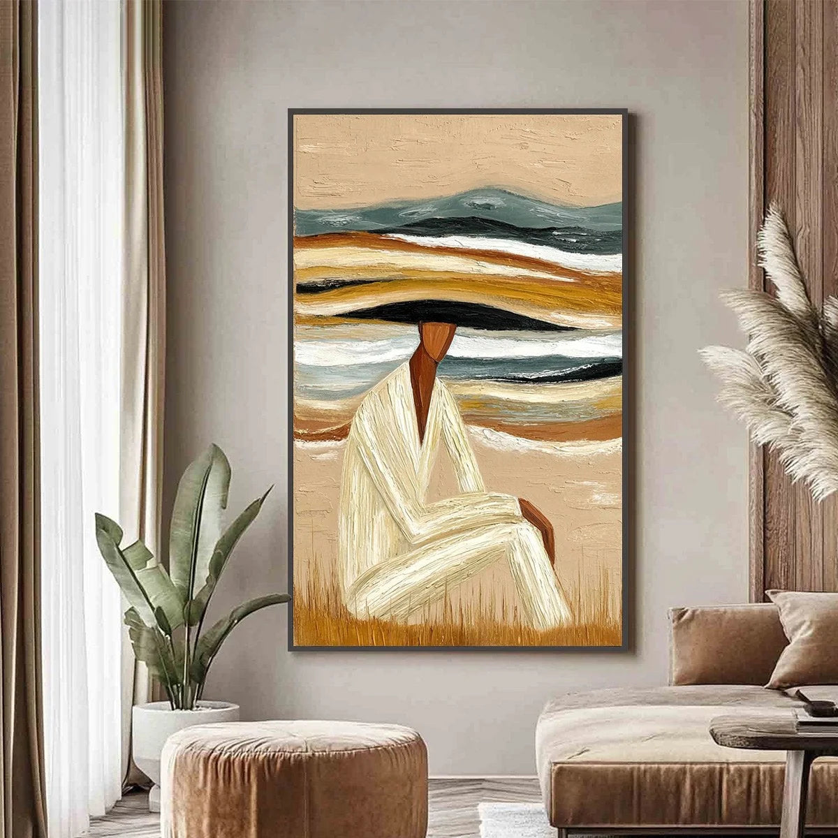EARTHEN REPOSE: Textured Abstract Figurative Painting for Modern Decor | gold frame stretched on neutral wall