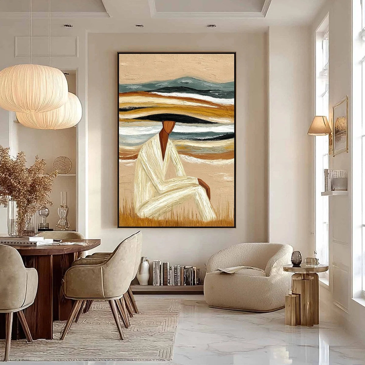EARTHEN REPOSE: Textured Abstract Figurative Painting for Modern Decor | black frame version on white wall
