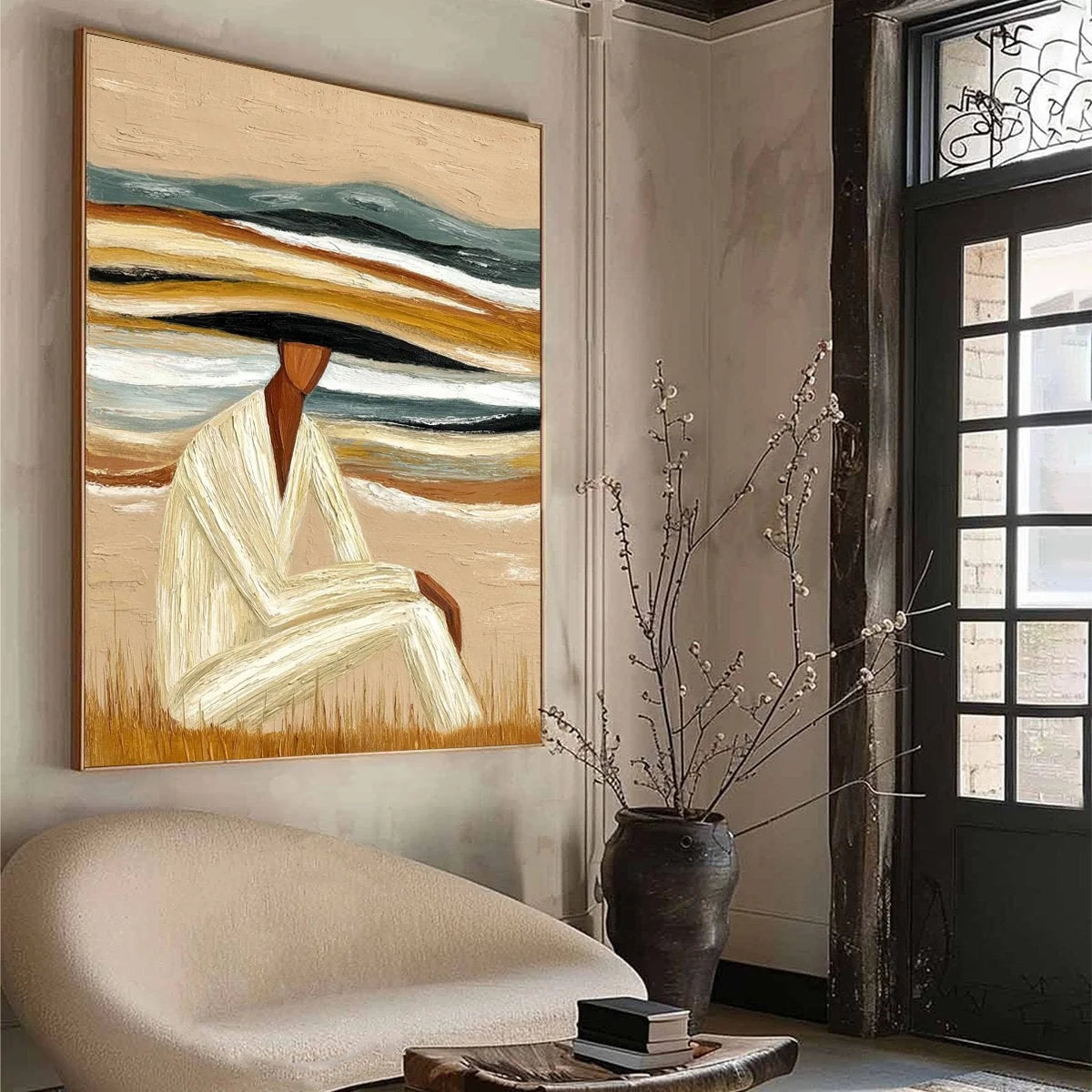 EARTHEN REPOSE: Textured Abstract Figurative Painting for Modern Decor | beige palette, original Hand-painted on premium stretched canvas using artist-grade oils; rich layered surface combines smoo...