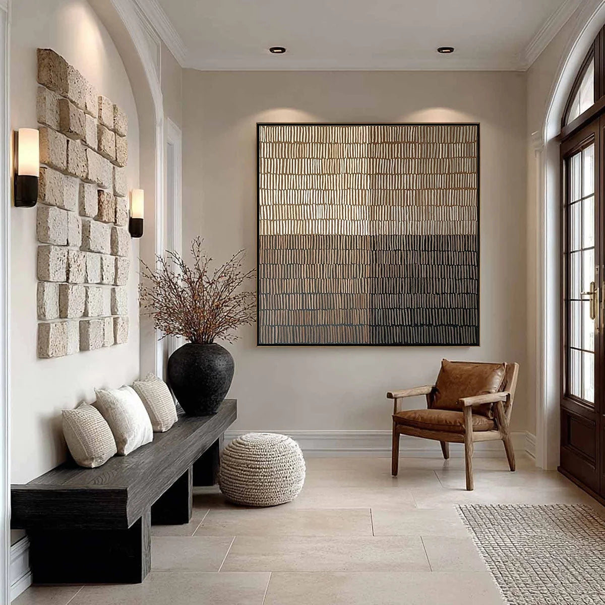 EARTHEN RHYTHM: Minimalist Textured Beige Grid Painting | rectangular format, hand-painted canvas edge